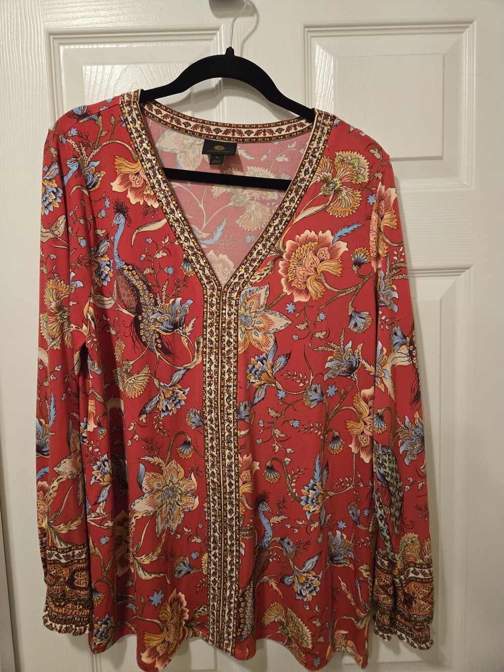 JM Collection Red Floral V-Neck Long Sleeve Blouse